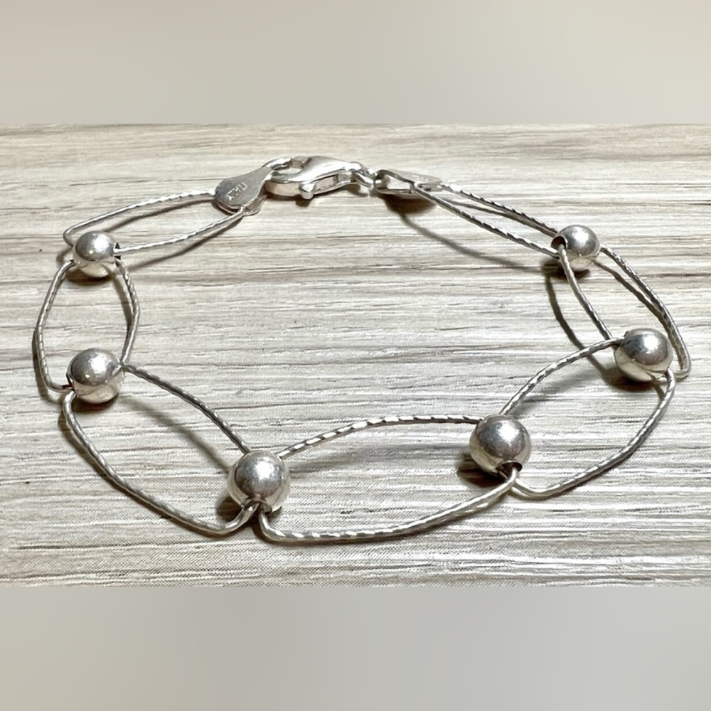 Vintage Sterling Silver Bead Oval Link Twisted Italy Bracelet, 7", 4.2g